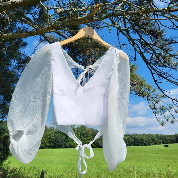 Hutch Hart Long Sleeve Open-Back Organza Top - White - XS - Picture 3 of 9